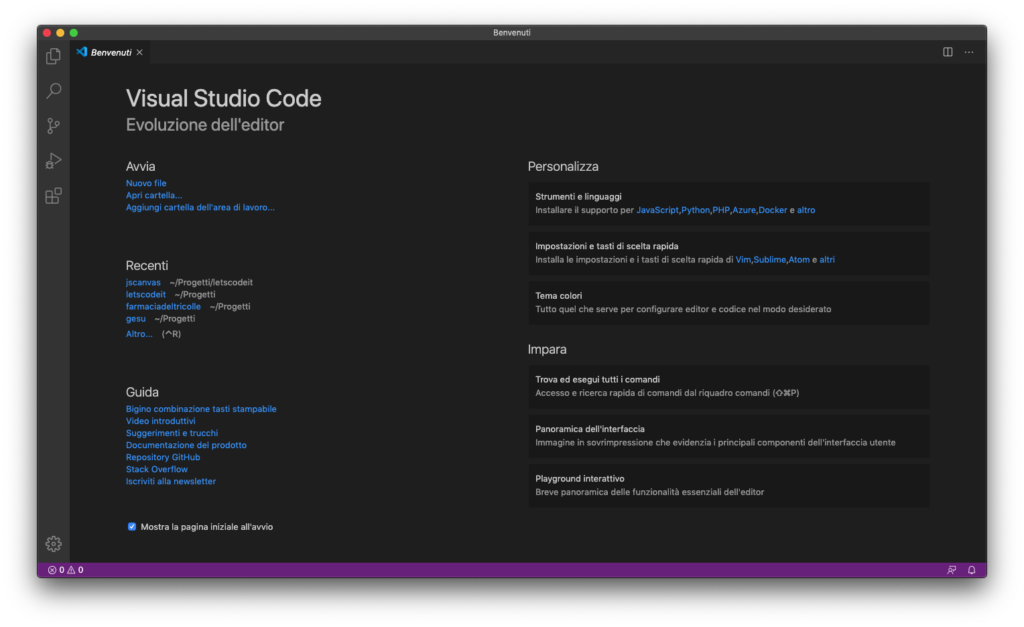 Pagina iniziale di VS Code, l'editor di codice per programmare